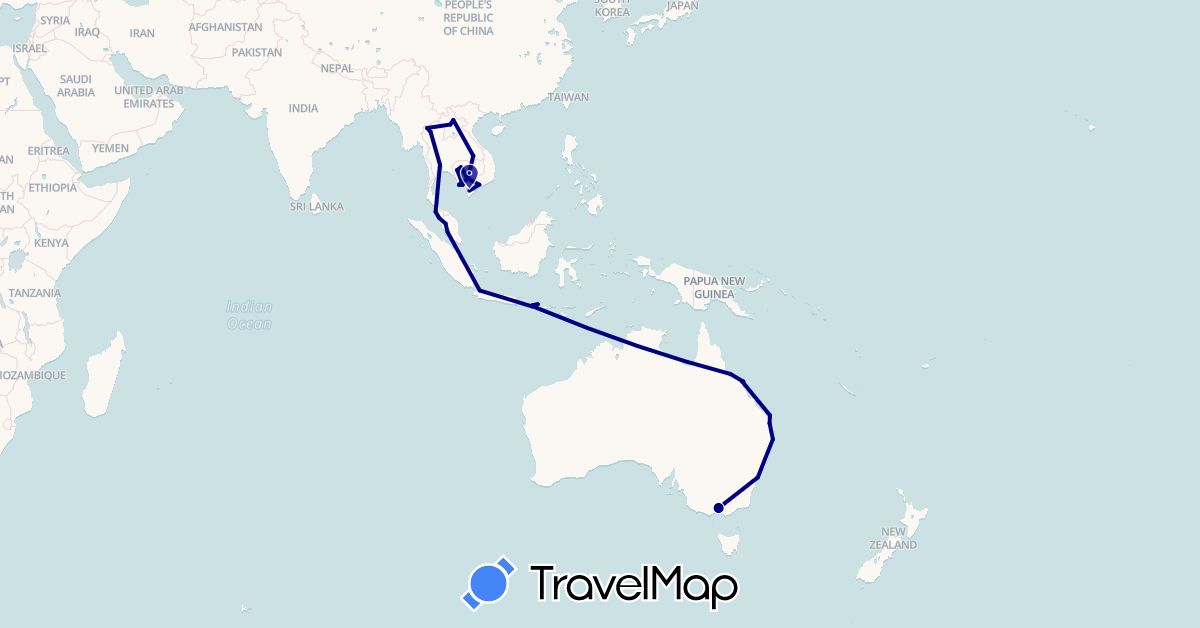 TravelMap itinerary: driving in Australia, Indonesia, Cambodia, Laos, Malaysia, Thailand, Vietnam (Asia, Oceania)